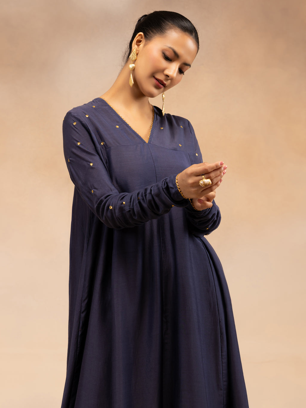 Women Navy Solid Zari Embroidered Anarkali Dress with Crushed Dupatta