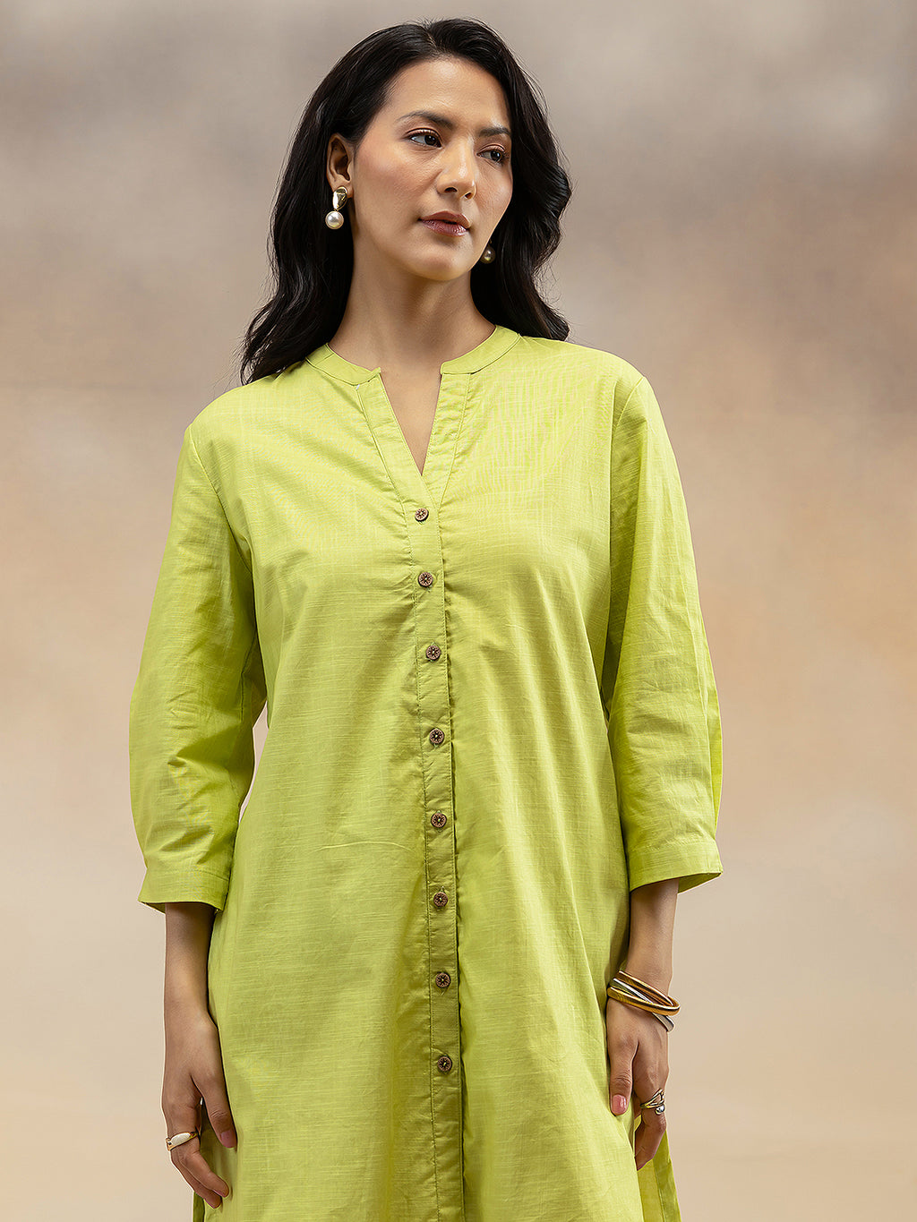 Women Lime Green Solid Cotton Slub Kurta