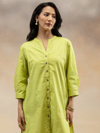 Women Lime Green Solid Cotton Slub Kurta