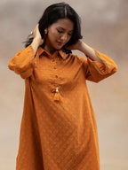 Women Rust Cotton Dobby Textured Kurta with Tassel Detail