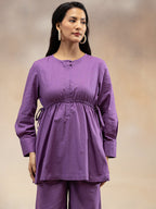 Women  Purple Solid Cotton Slub Gathered Tunic