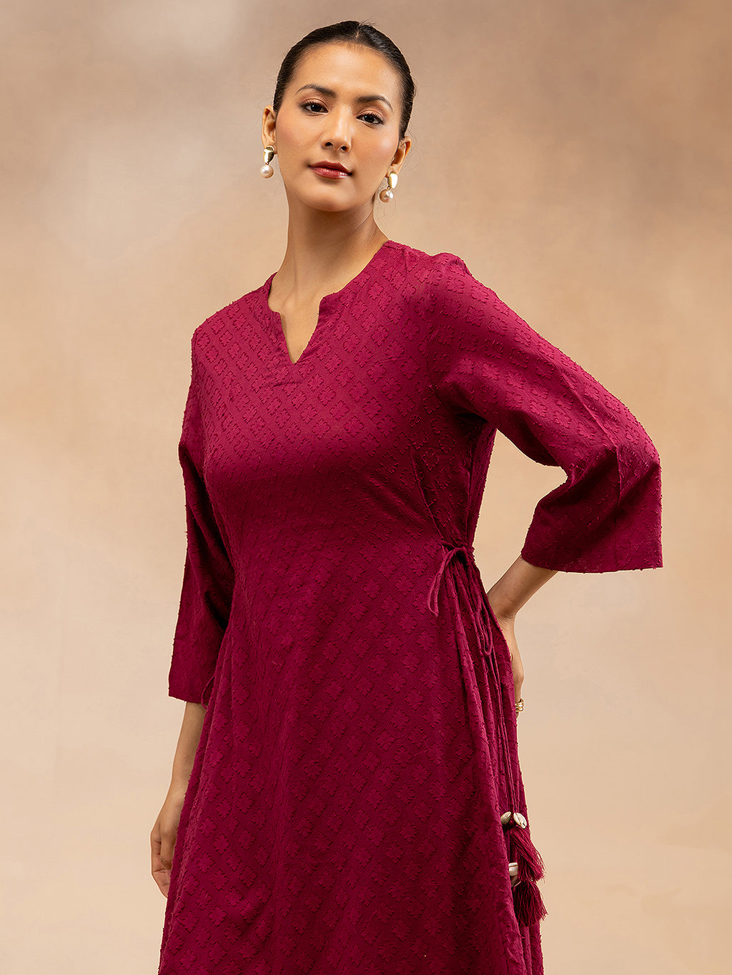 Women Magenta Cotton Dobby Kurta with Waist Tie-Up