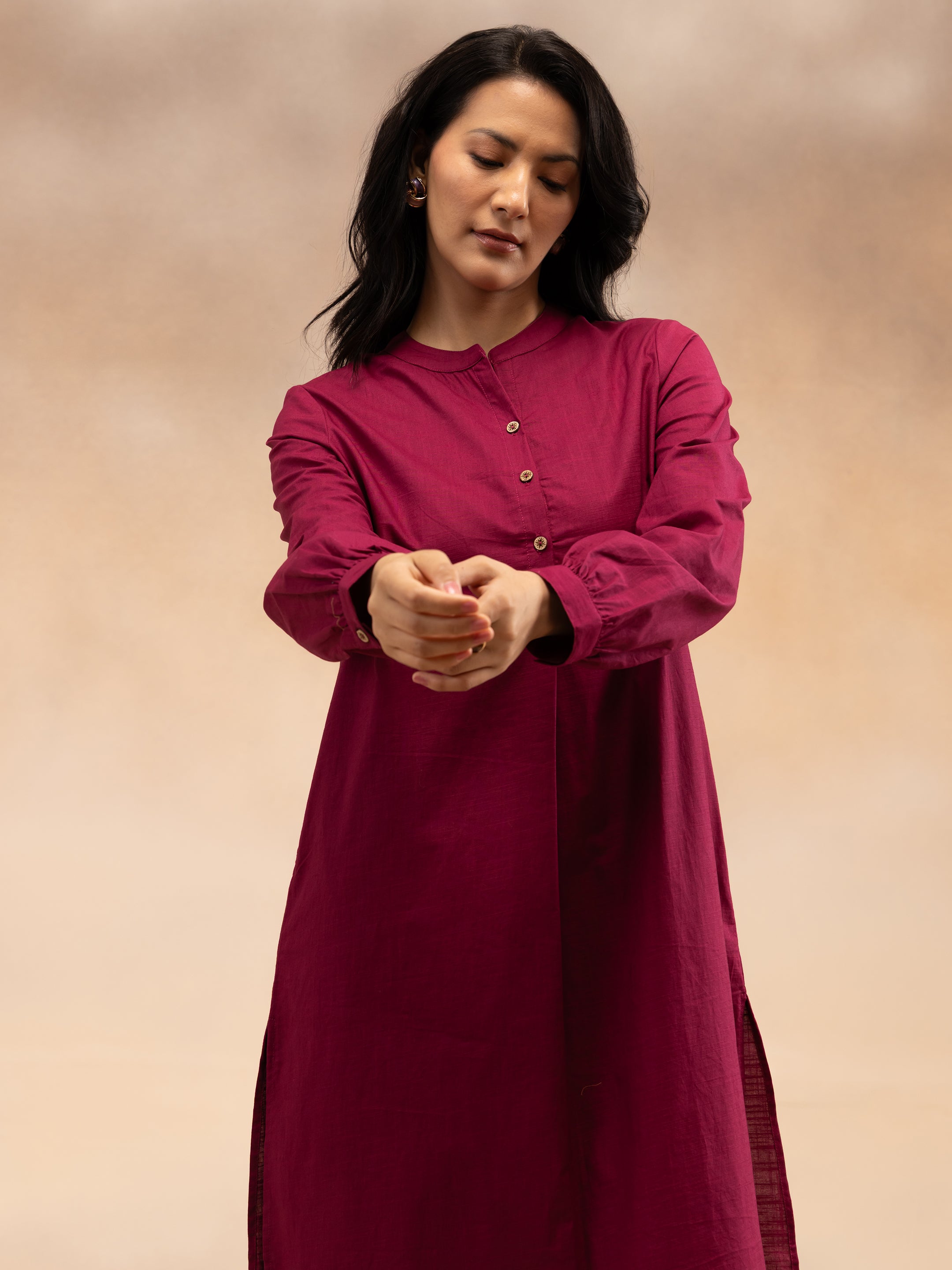 Women Magenta Cotton Slub Pleated Kurta Set with Wide-Leg Palazzo Pants