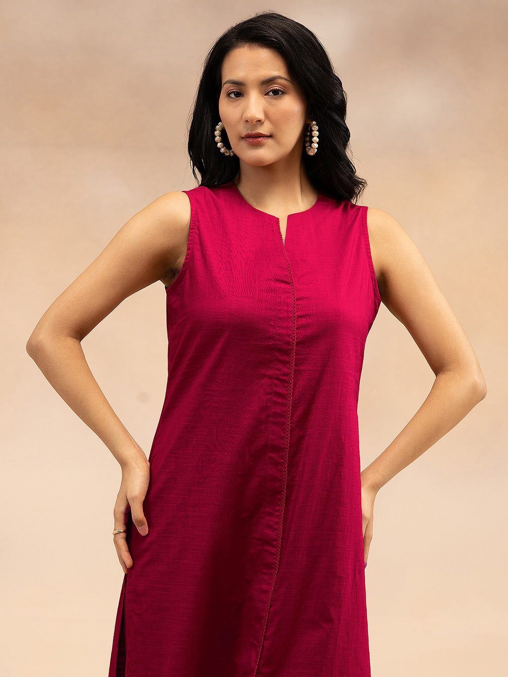 Women Magenta Pink Cotton Slub Straight Kurta