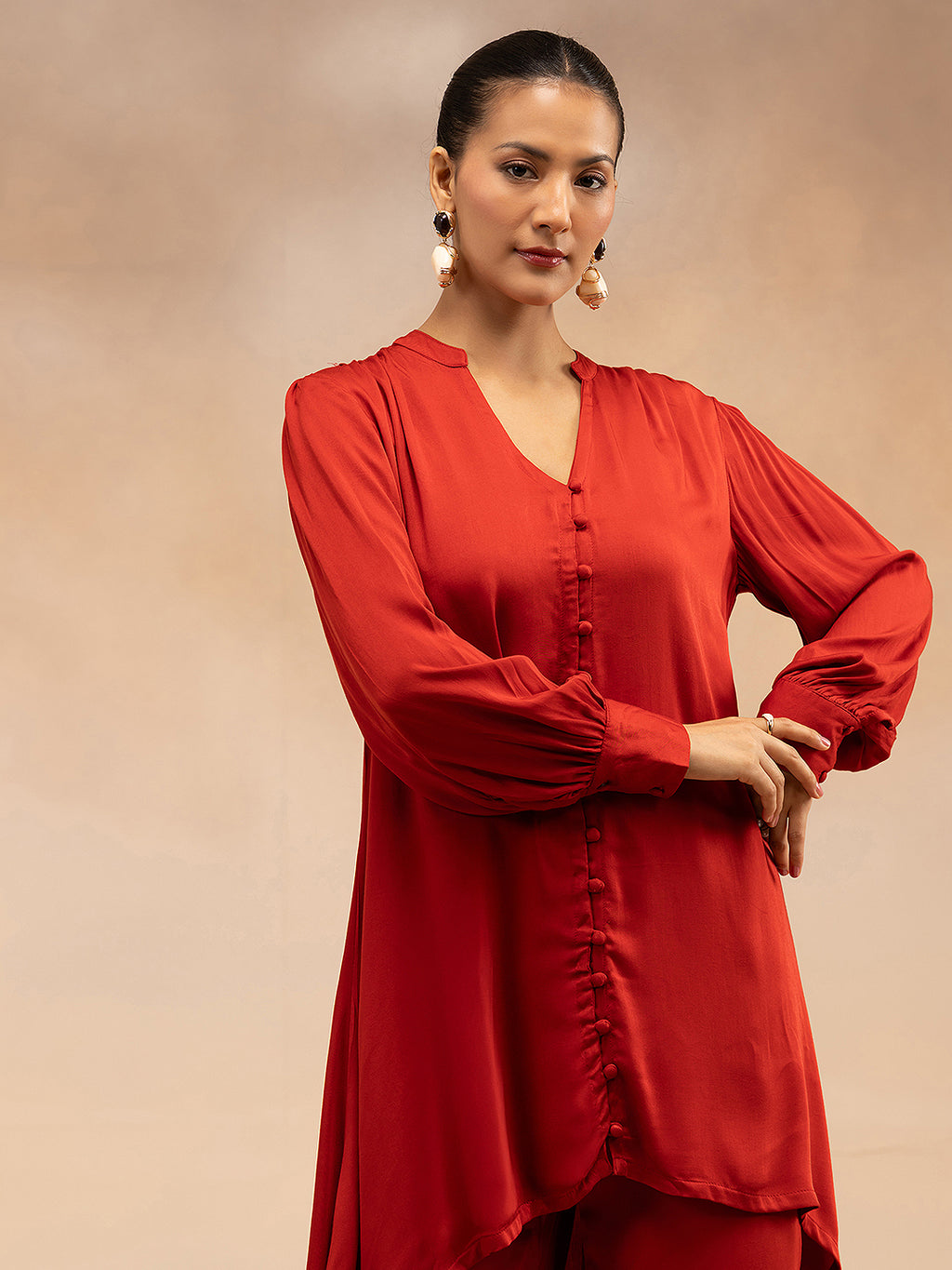 Women Red Modal Asymmetric Hem Kurta