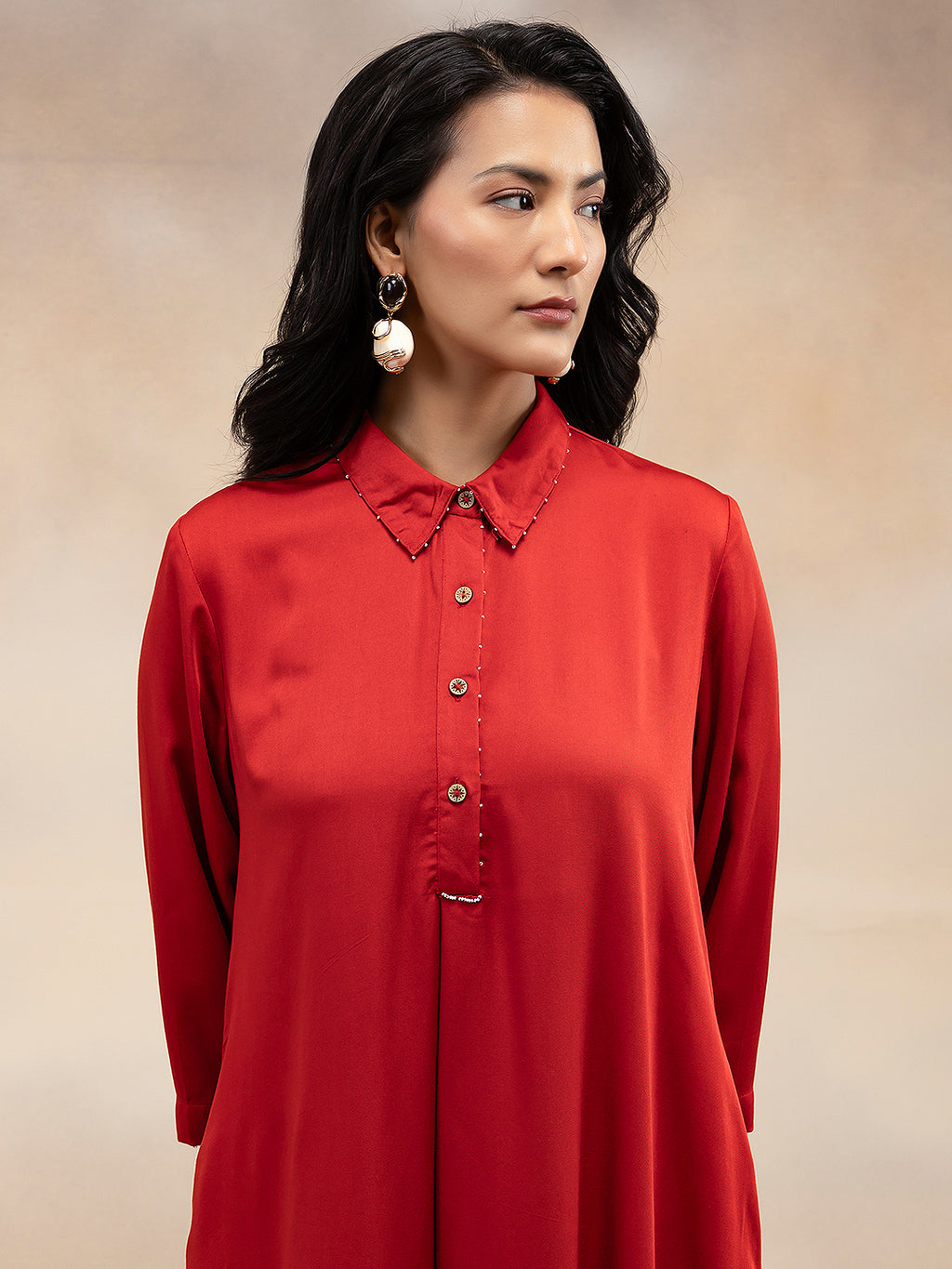 Women Red Modal Kurta with Bead Embellishment