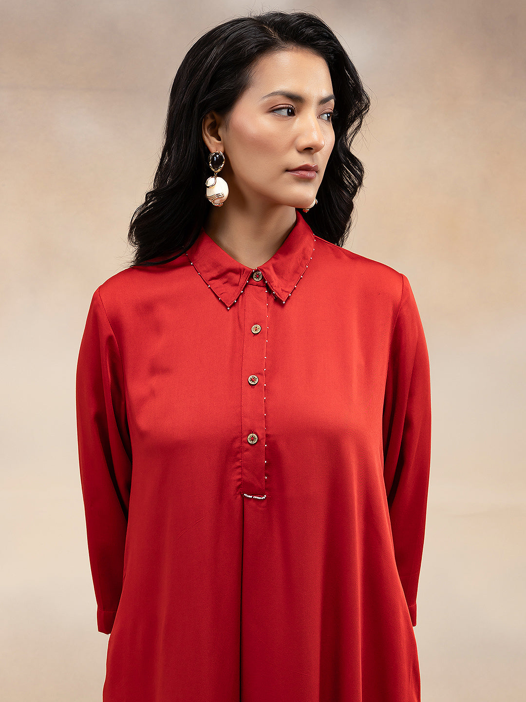 Women Red Modal Kurta with Bead Embellishment