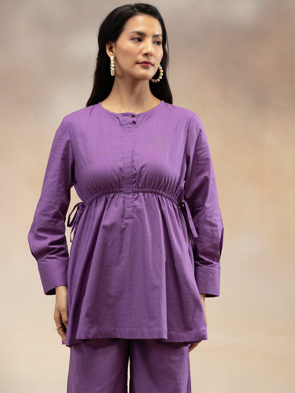 Women  Purple Solid Cotton Slub Gathered Tunic Co-Ord Set