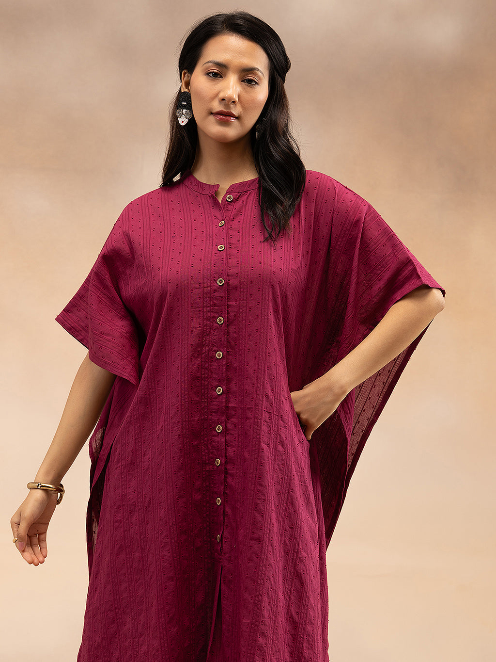 Women Magenta Cotton Dobby Kaftan