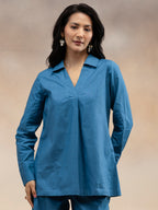 Women Slate Blue Solid Cotton Slub Kurta Co-Ord Set