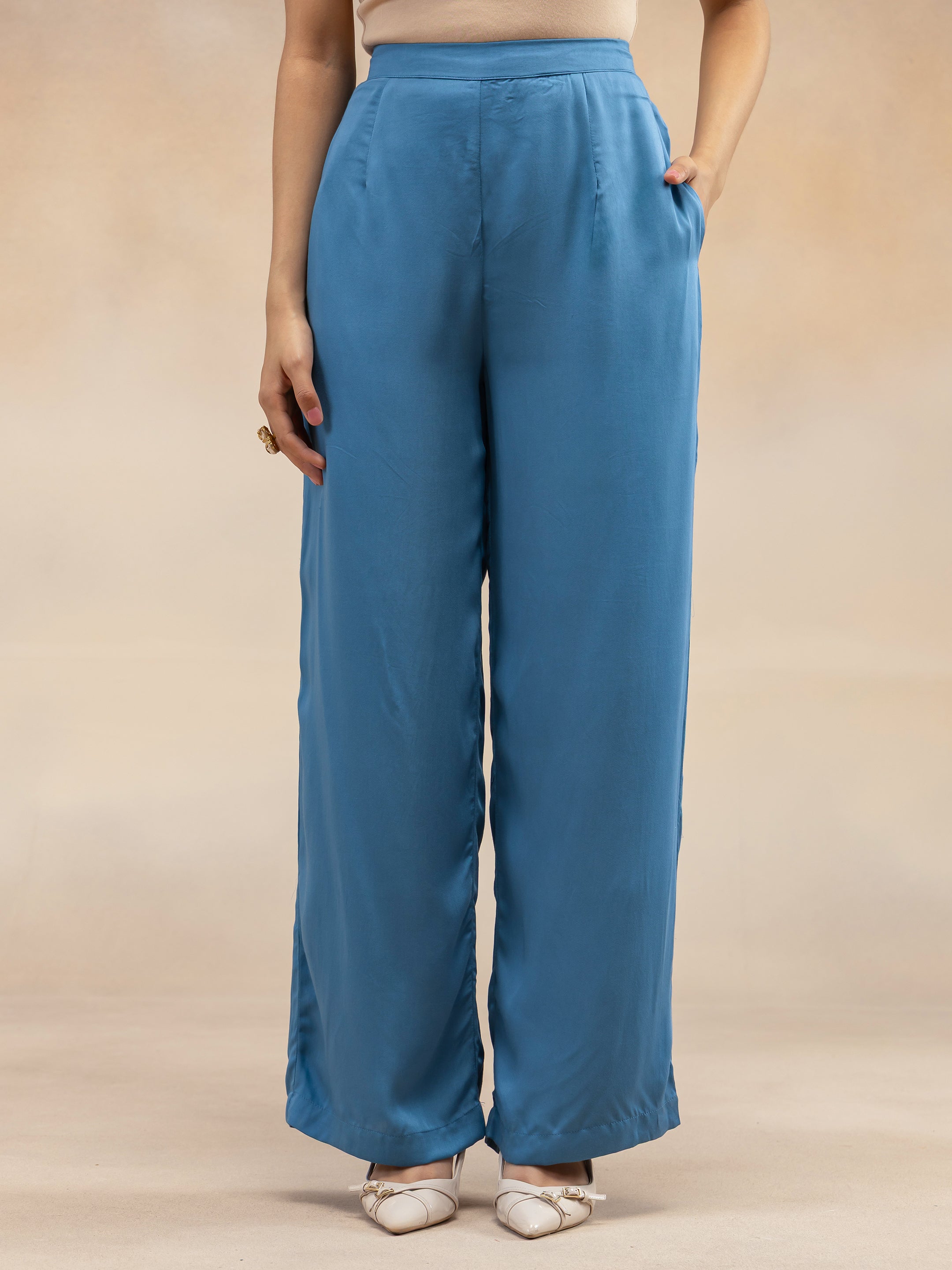 Blue Solid Sleeveless Kurta & Wide-Leg Palazzos Co-ord Set