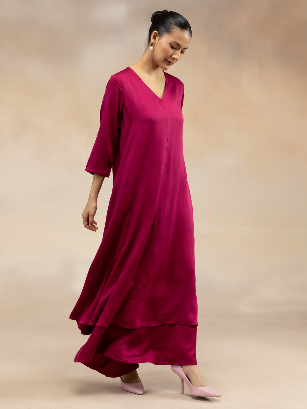 Women Magenta Pink Solid  Modal Layered Maxi Dress