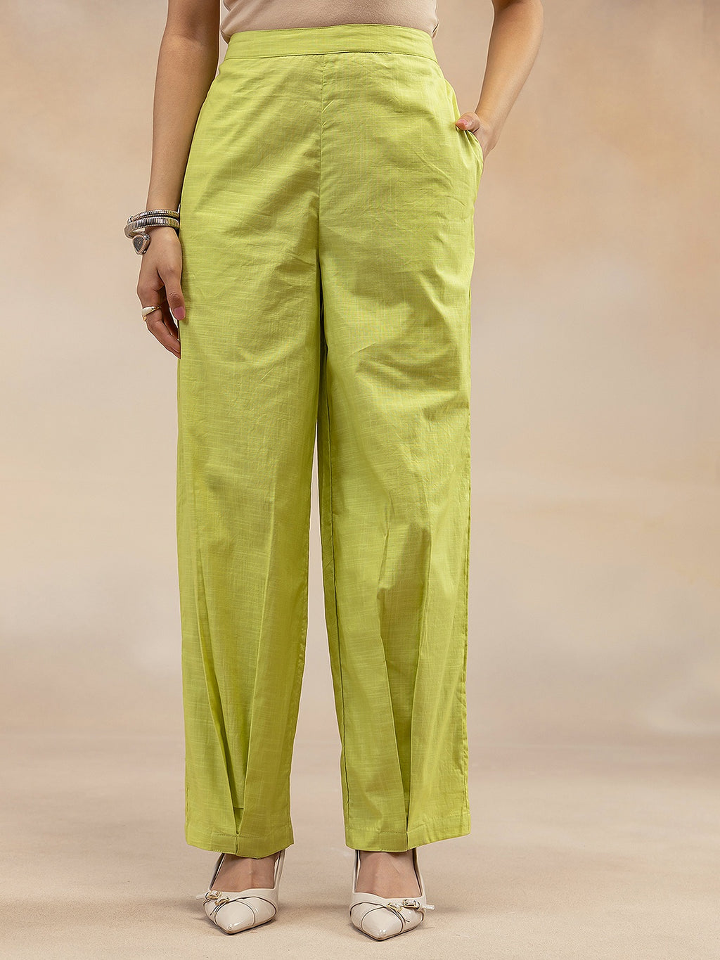 Women Lime Green Solid Cotton Slub Kurta Co-Ord Set