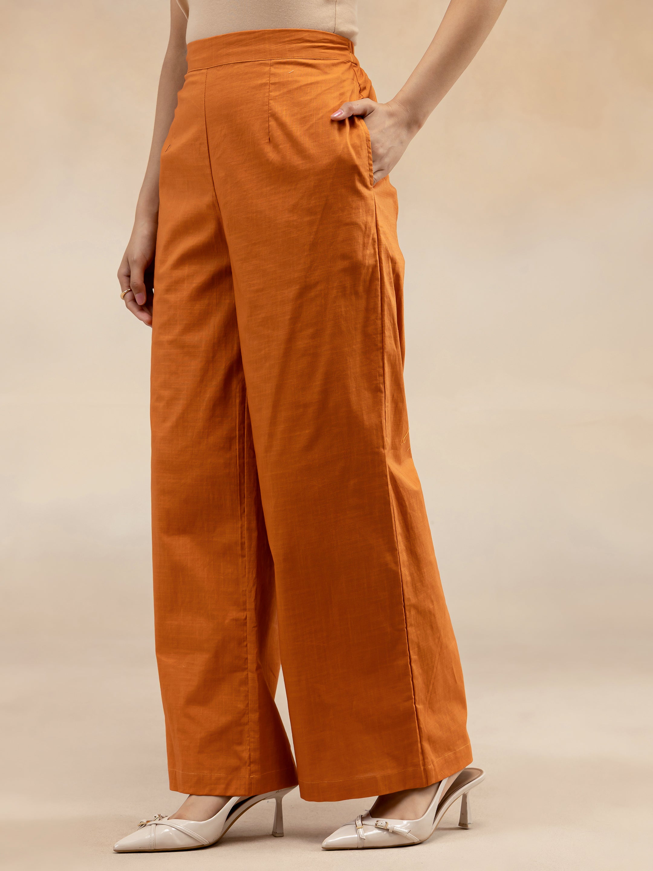 Women Rust Cotton Slub Kurta Set with Off-Centre Button Detail