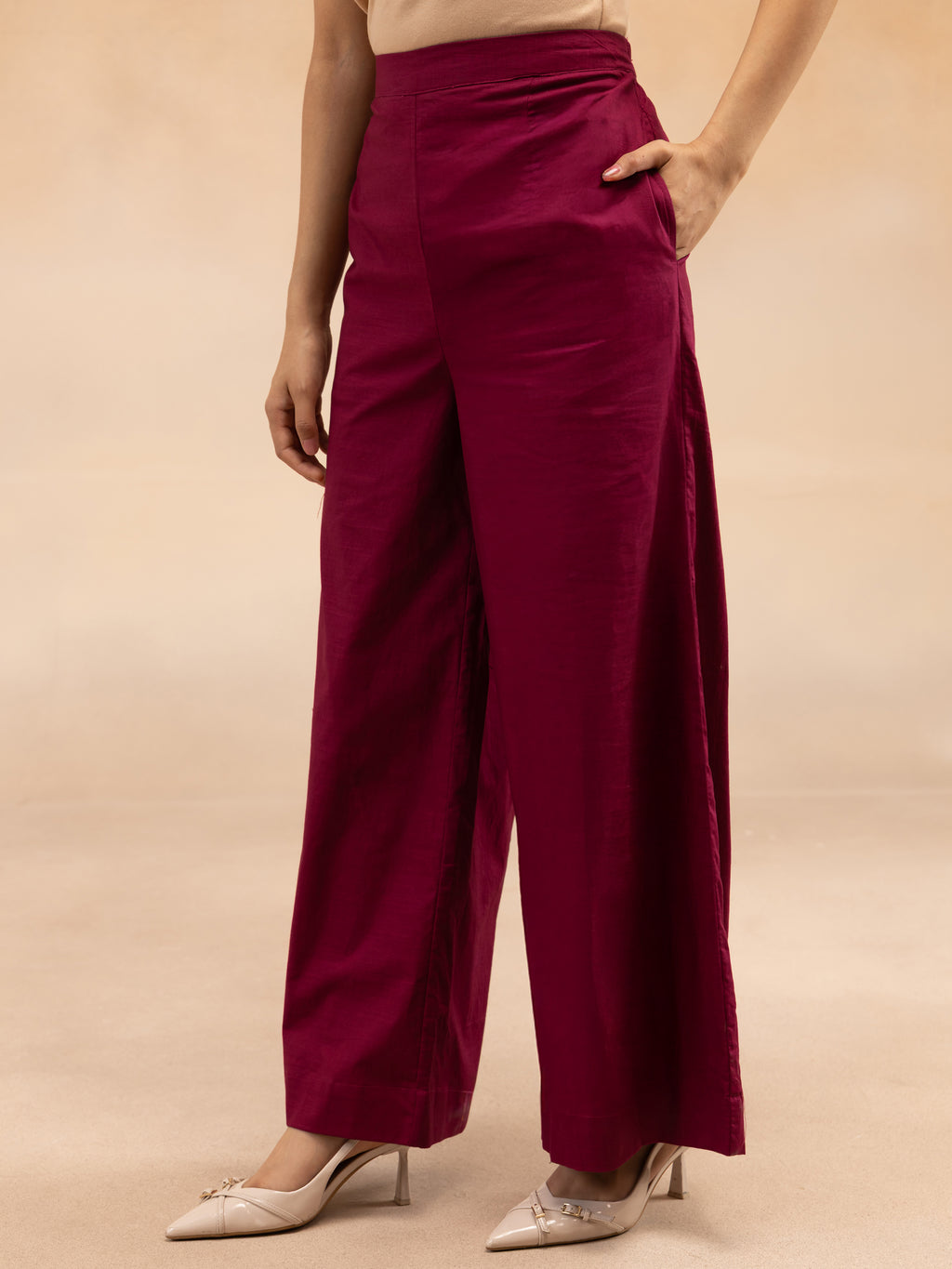 Women Magenta Cotton Slub Pleated Kurta Set with Wide-Leg Palazzo Pants