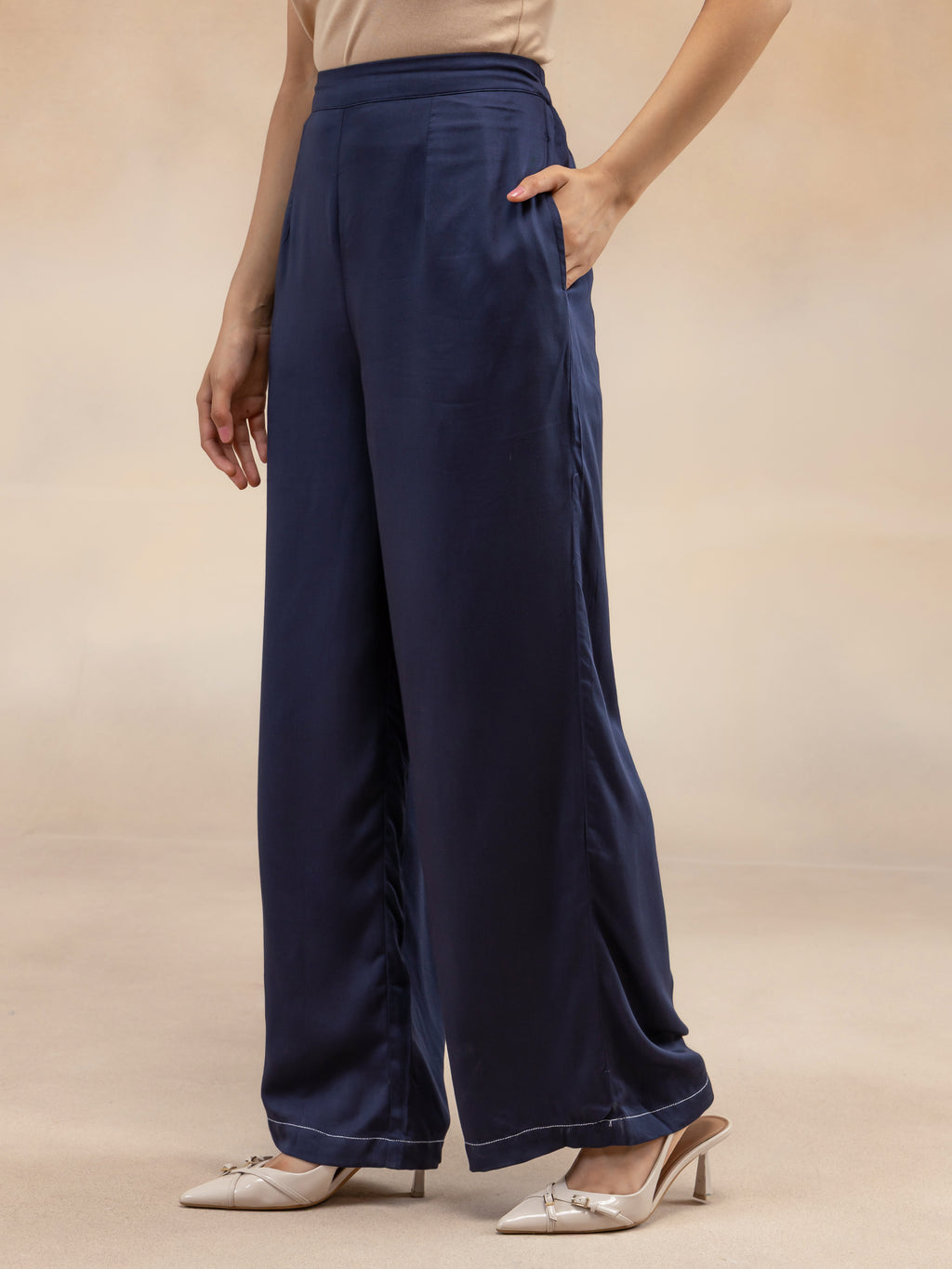 Women Navy Solid  Modal Contrast Stitch High-Low Co-Ord Set