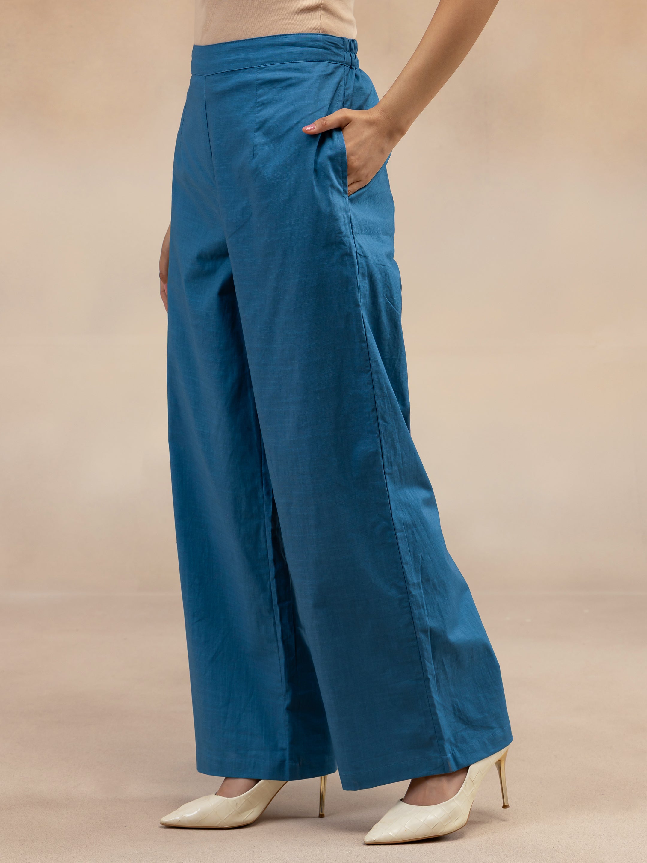 Women Slate Blue Solid Cotton Slub Kurta Co-Ord Set