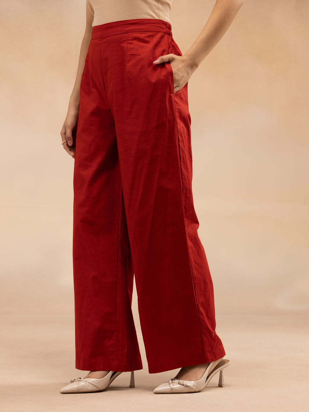 Women Red Cotton Slub Straight Kurta Set