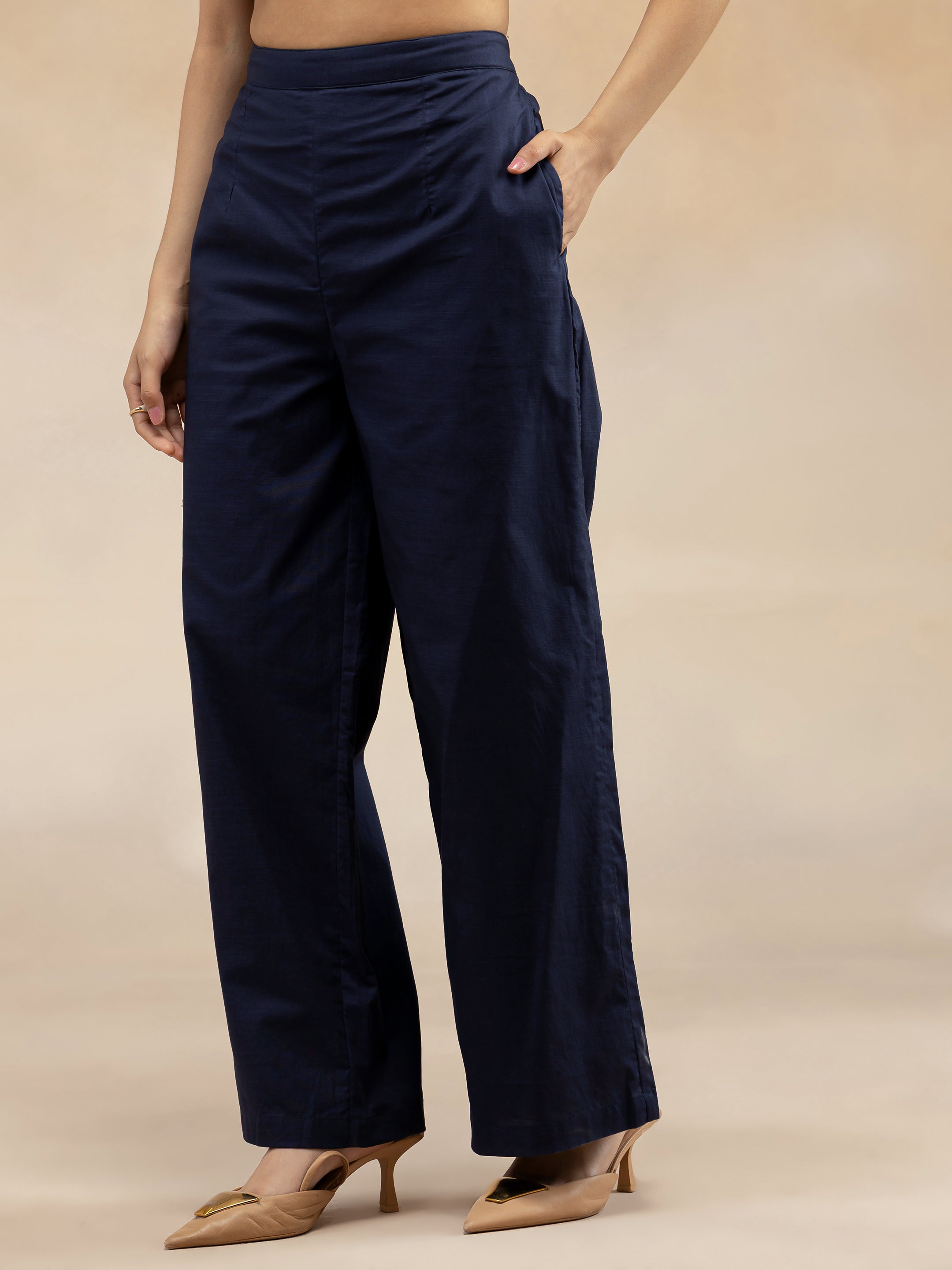 Women Navy Cotton Slub 3-Piece Kurta Set
