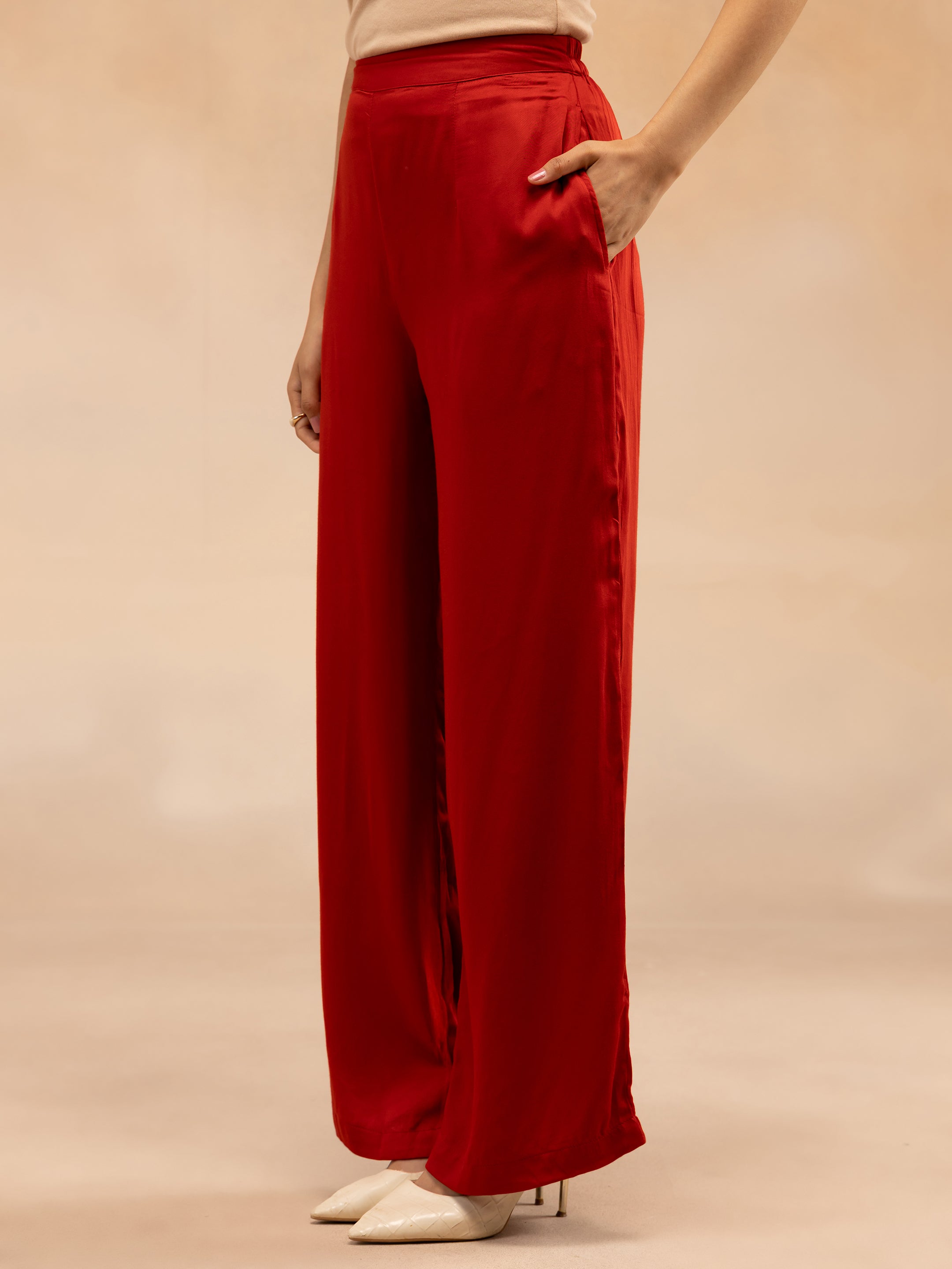 Women Red Modal Asymmetric Hem Kurta Set