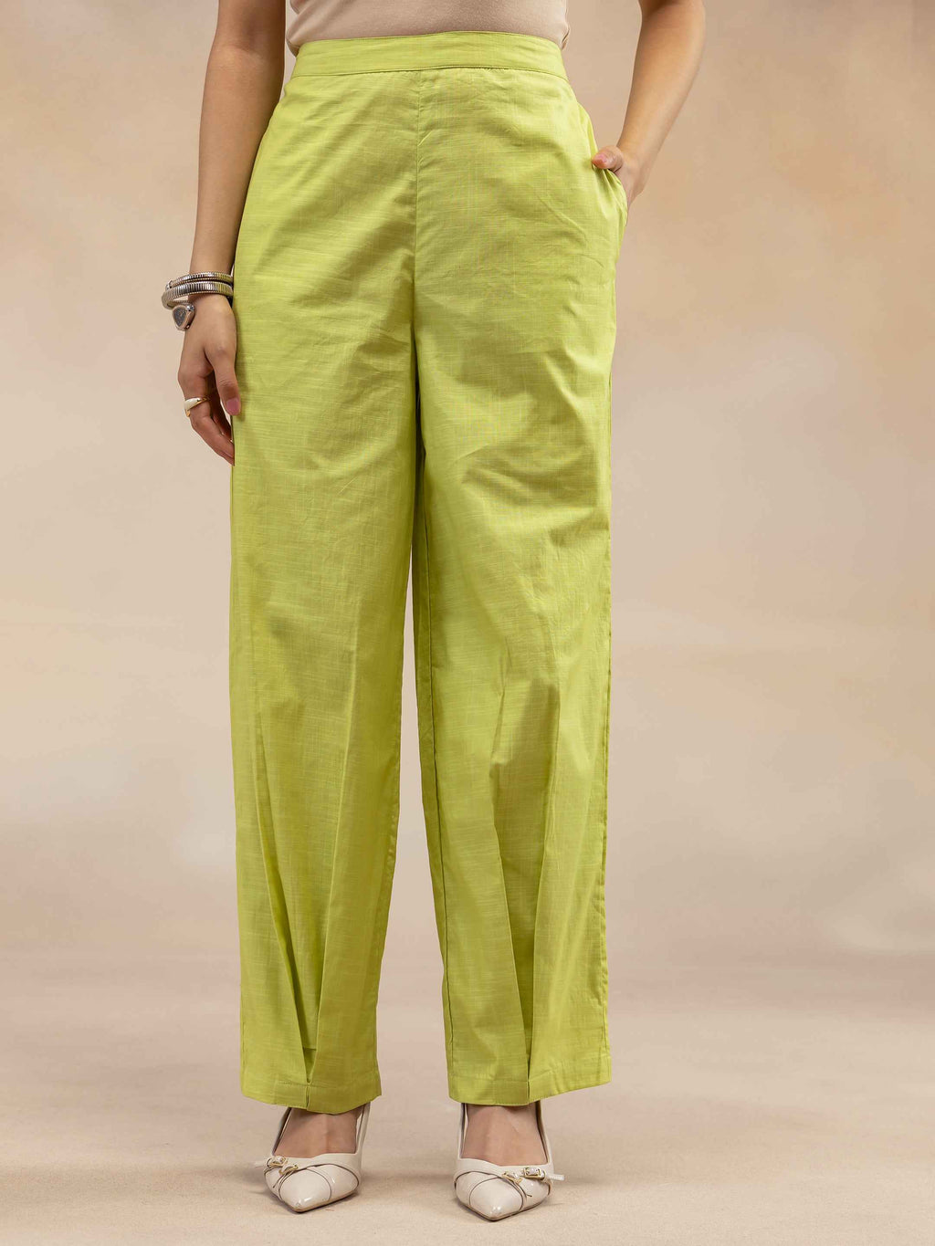 Women Lime Green Solid Cotton Slub Kurta Co-Ord Set