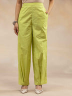 Women Lime Green Solid Cotton Slub Kurta Co-Ord Set