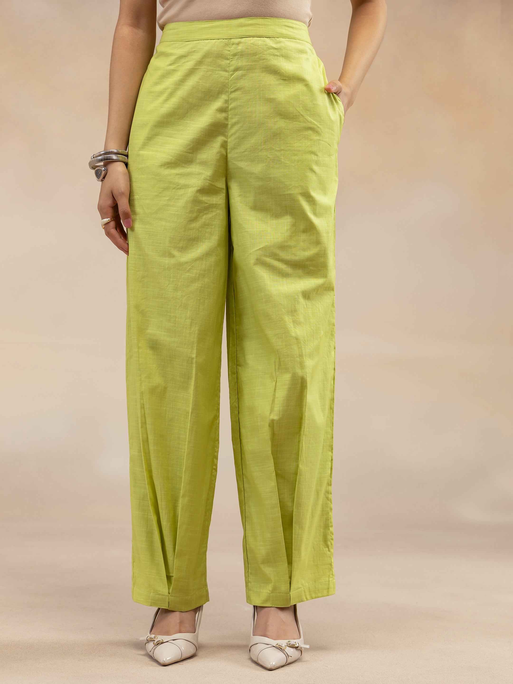 Women Lime Green Solid Cotton Slub Kurta Co-Ord Set