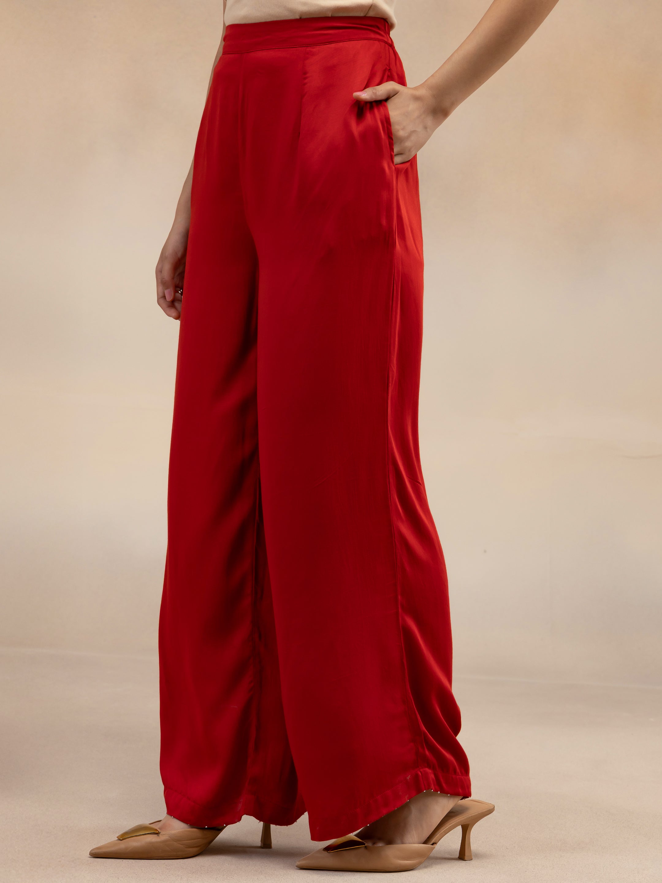 Women Red Modal Kurta Set with Bead Embellishment