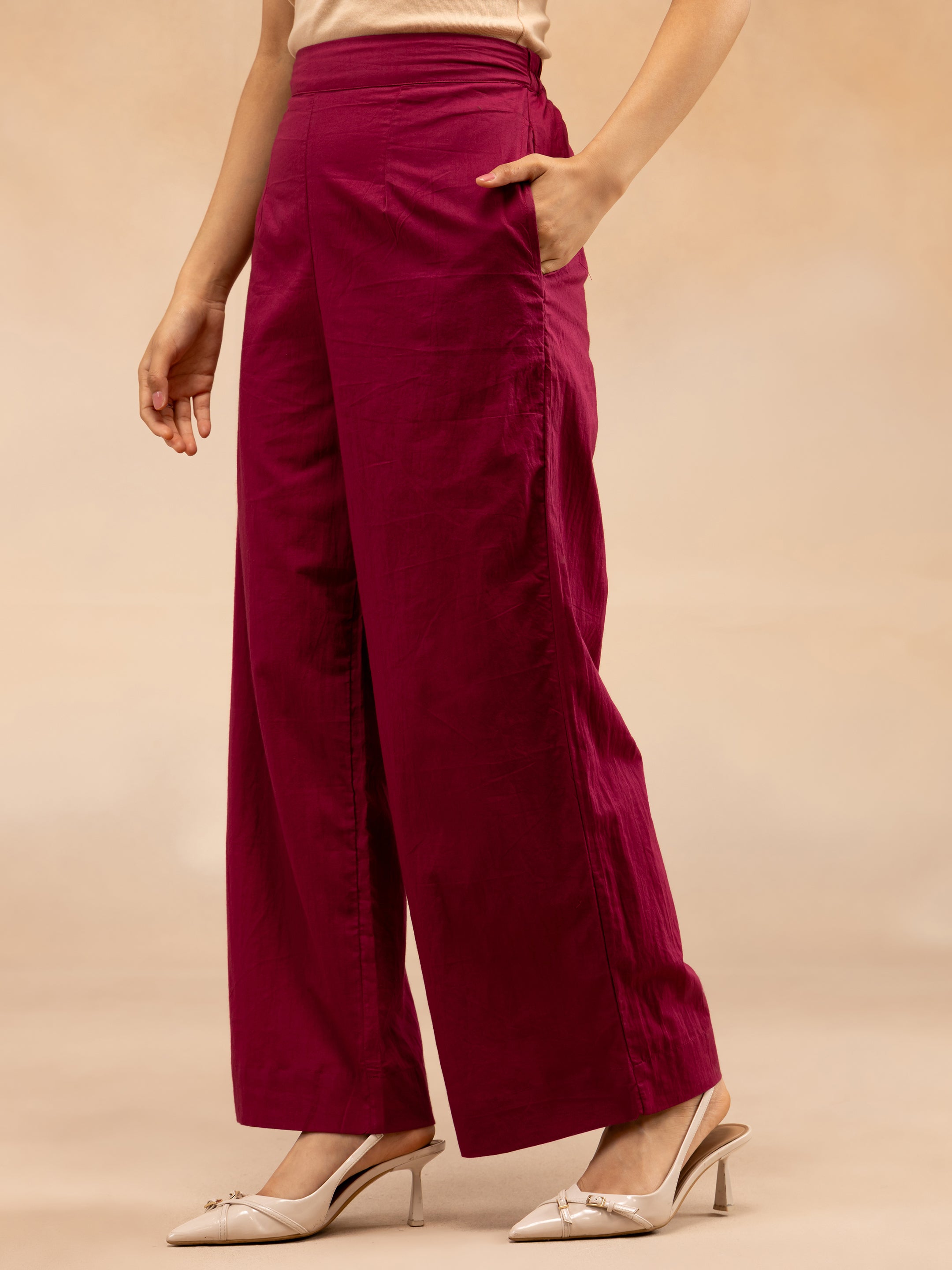 Women Magenta Cotton Dobby Kurta Set with Waist Tie-Up