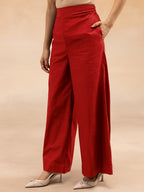 Women Red Cotton Slub Pleated Kurta Set with Wide-Leg Palazzo Pants