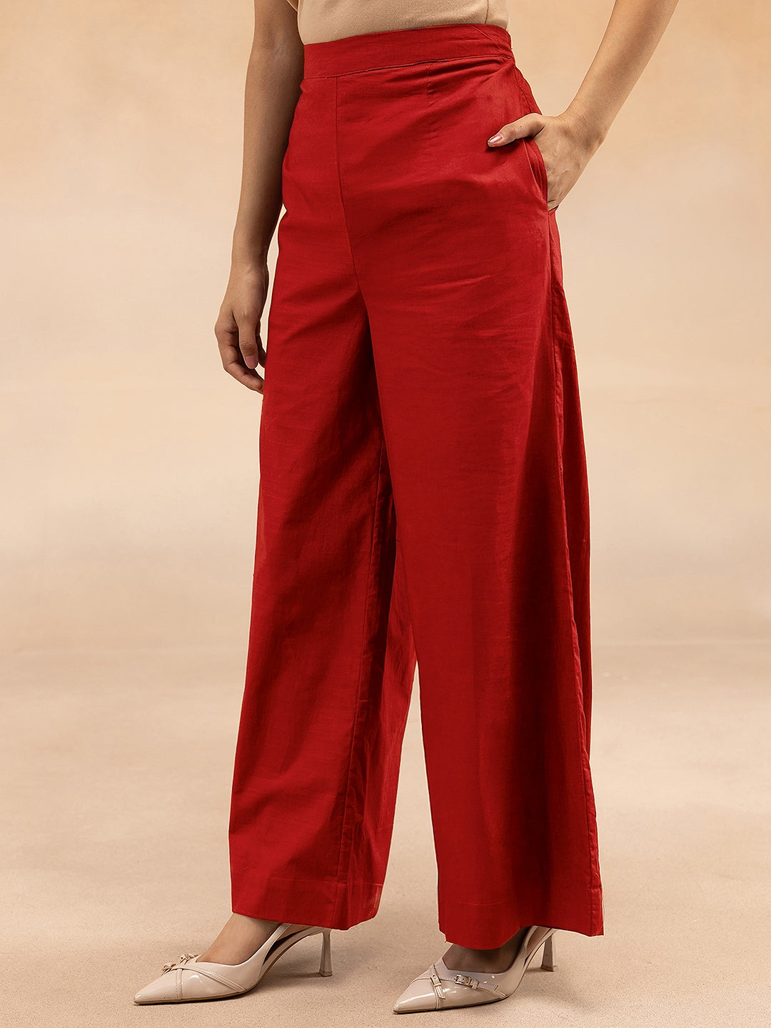 Women Red Cotton Slub Pleated Kurta Set with Wide-Leg Palazzo Pants
