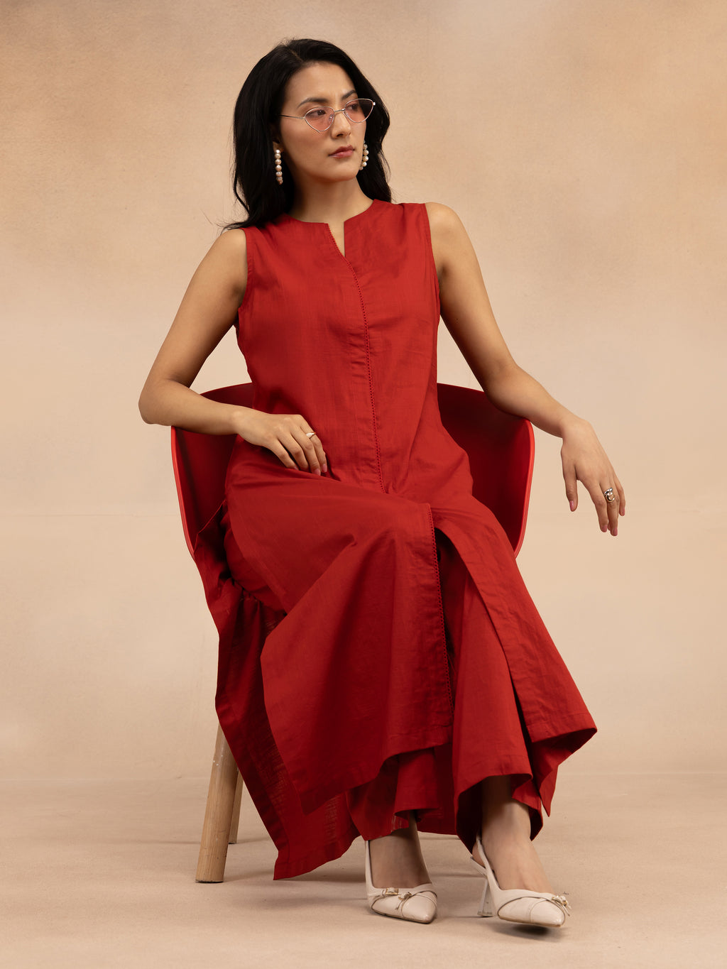 Women Red Cotton Slub Straight Kurta Set