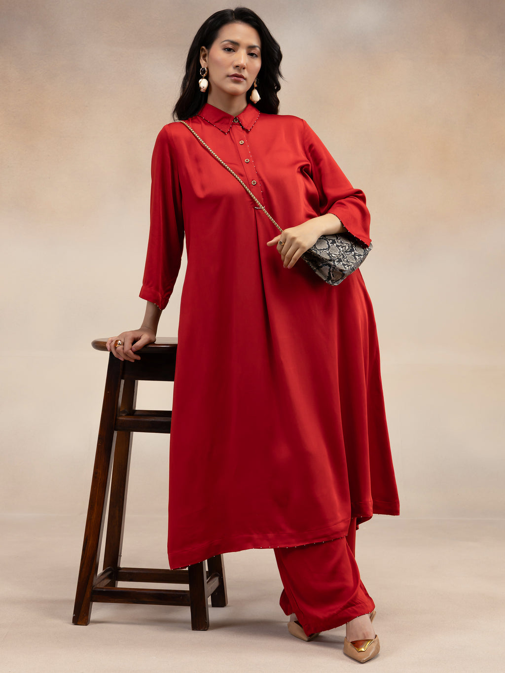 Women Red Modal Kurta Set with Bead Embellishment