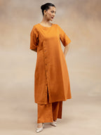 Women Rust Cotton Slub Kurta with Off-Centre Button Detail