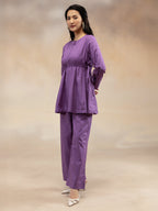 Women  Purple Solid Cotton Slub Gathered Tunic Co-Ord Set