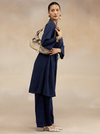 Women Navy Cotton Dobby Angrakha Kurta