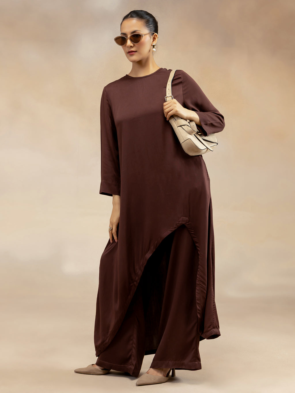 Women Brown Modal Asymmetric-Cut Kurta Set
