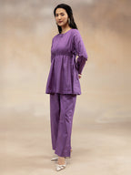 Women  Purple Solid Cotton Slub Gathered Tunic