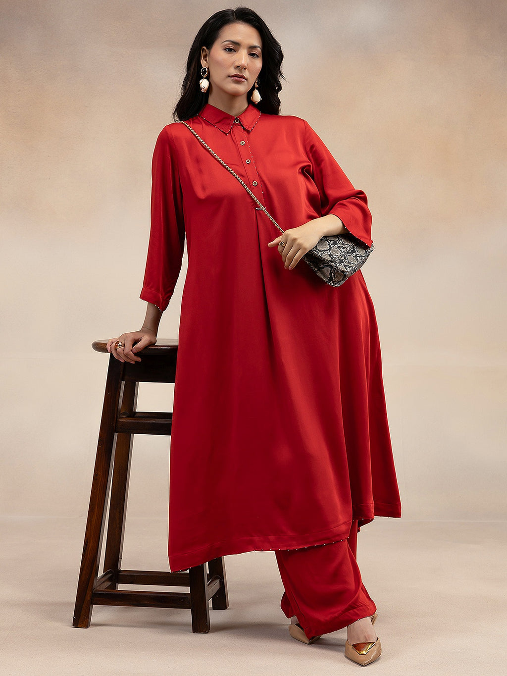 Women Red Modal Kurta Set with Bead Embellishment