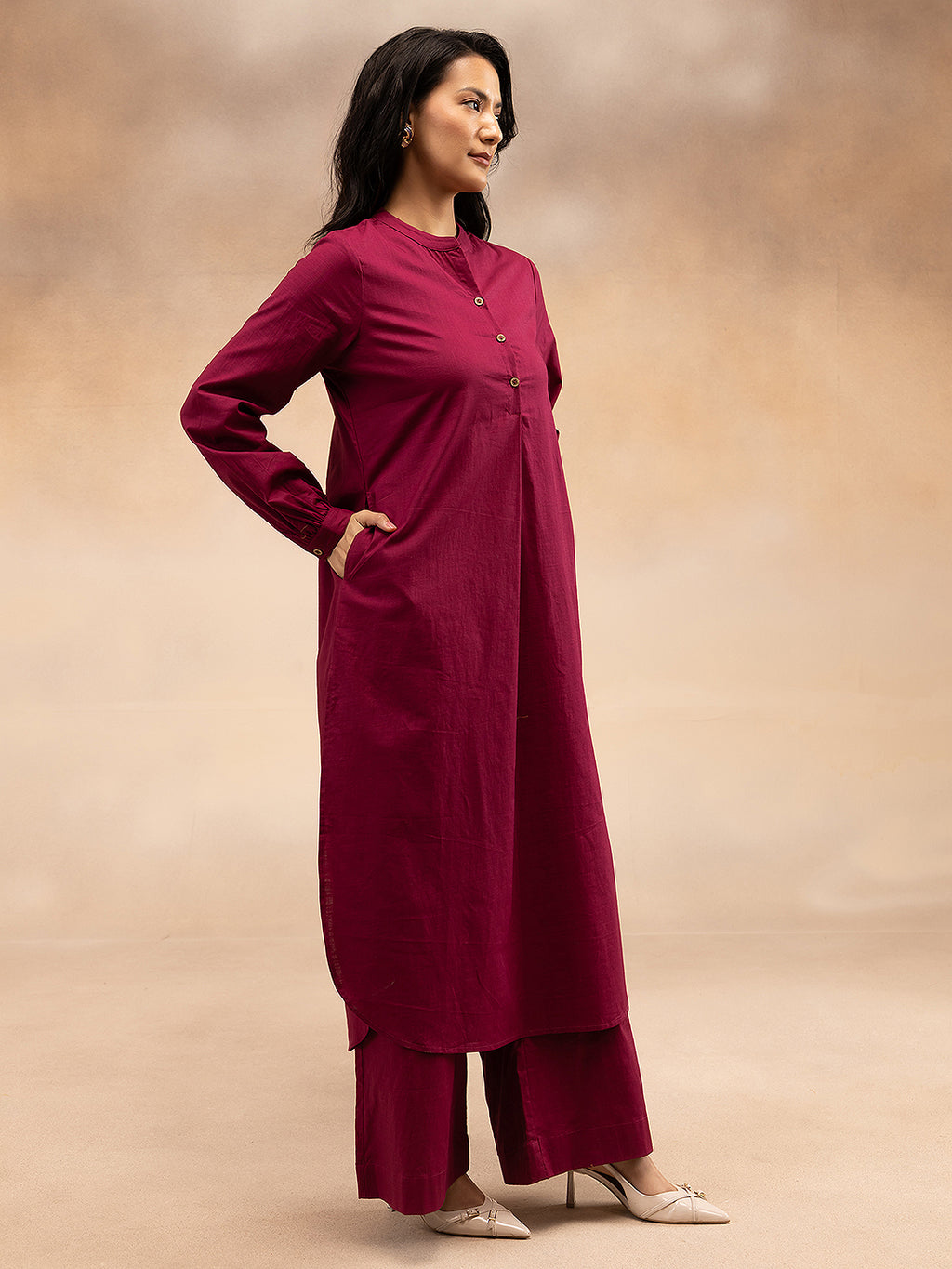 Women Magenta Cotton Slub Pleated Kurta