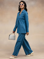 Women Slate Blue Solid Cotton Slub Kurta