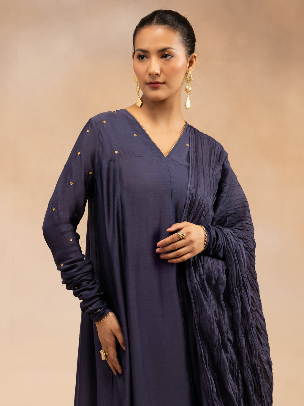 Women Navy Solid Zari Embroidered Anarkali Dress with Crushed Dupatta