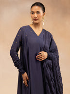 Women Navy Solid Zari Embroidered Anarkali Dress with Crushed Dupatta