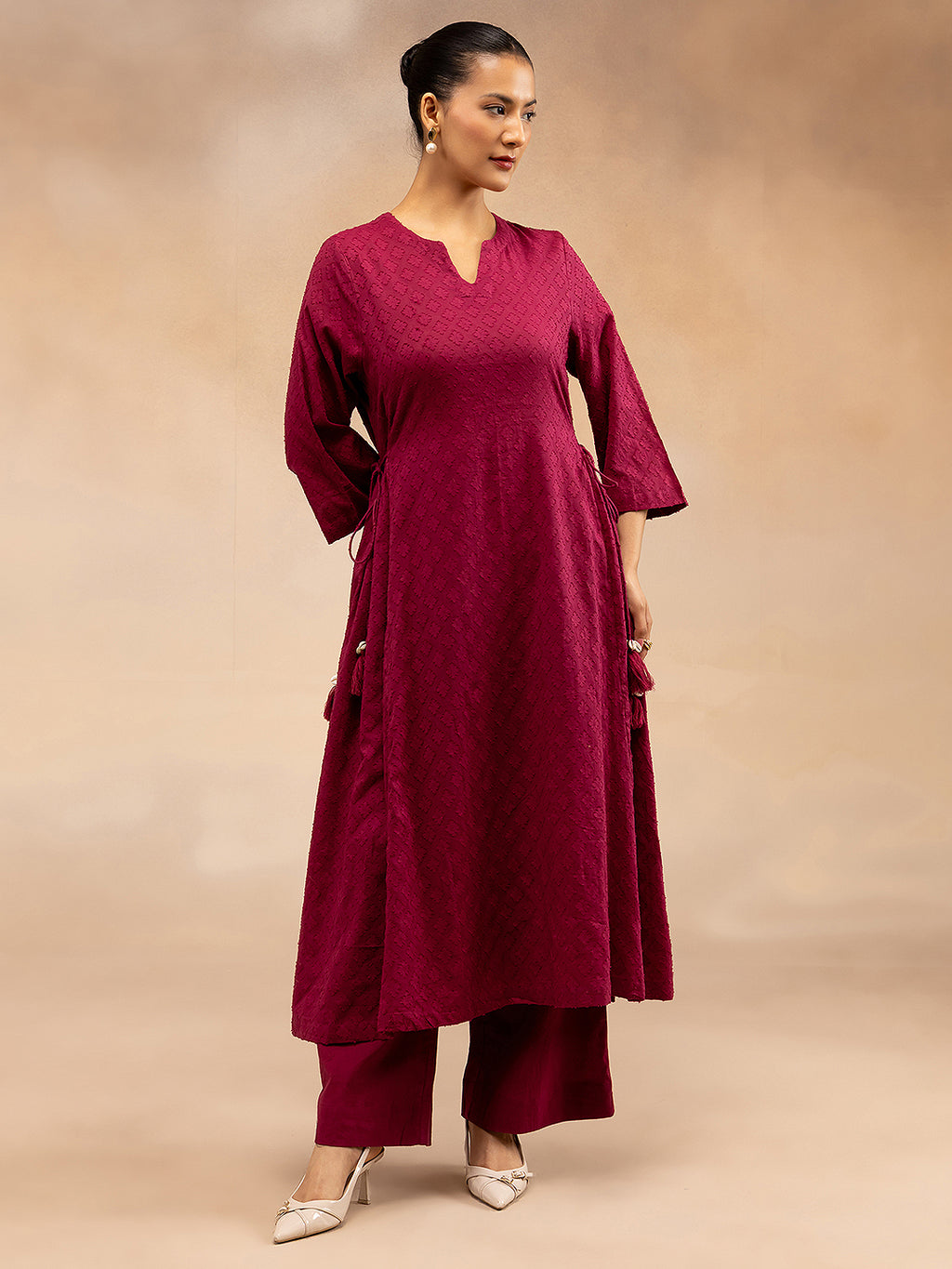 Women Magenta Cotton Dobby Kurta with Waist Tie-Up