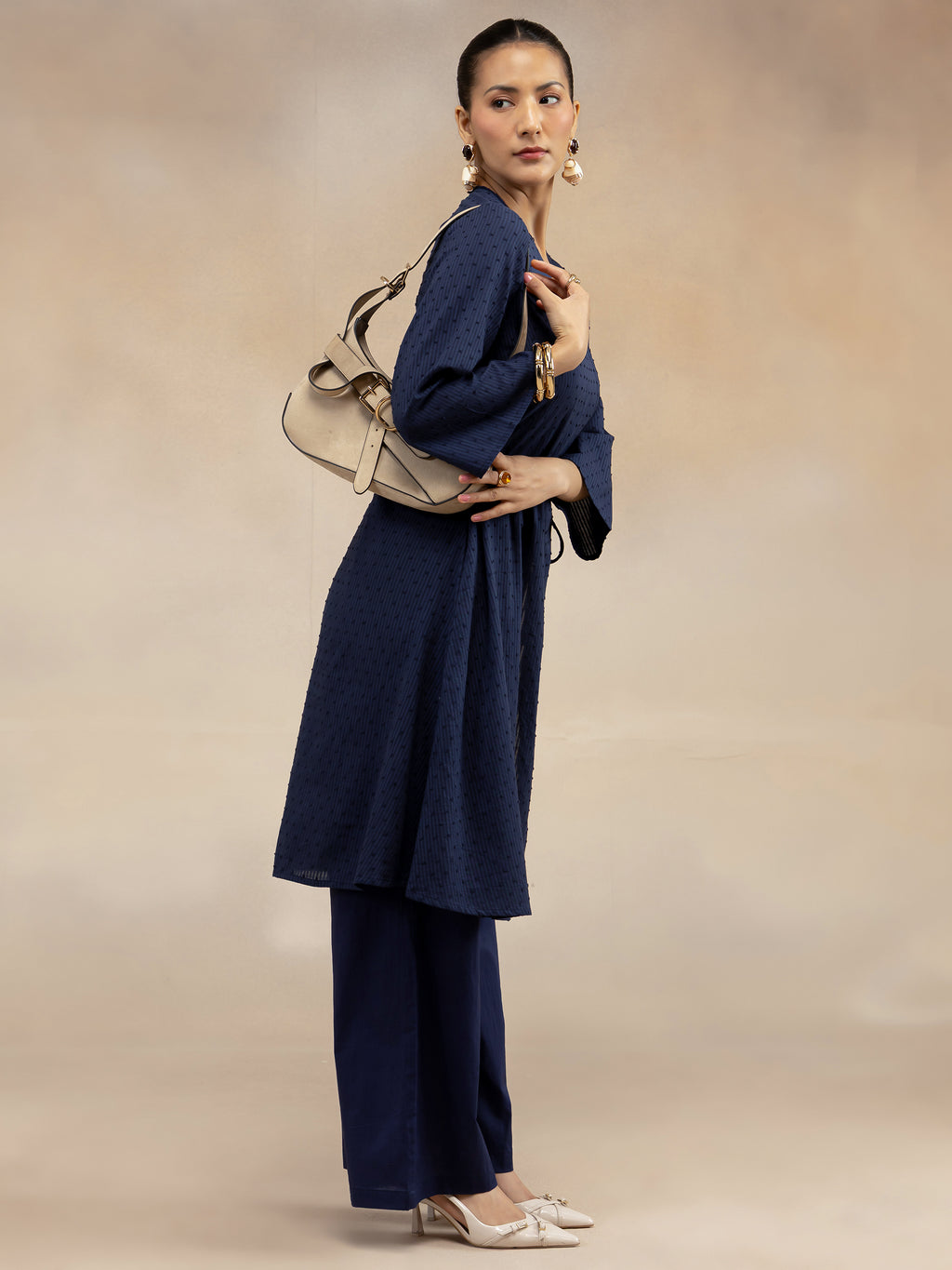 Women Navy Cotton Dobby Angrakha Kurta Set