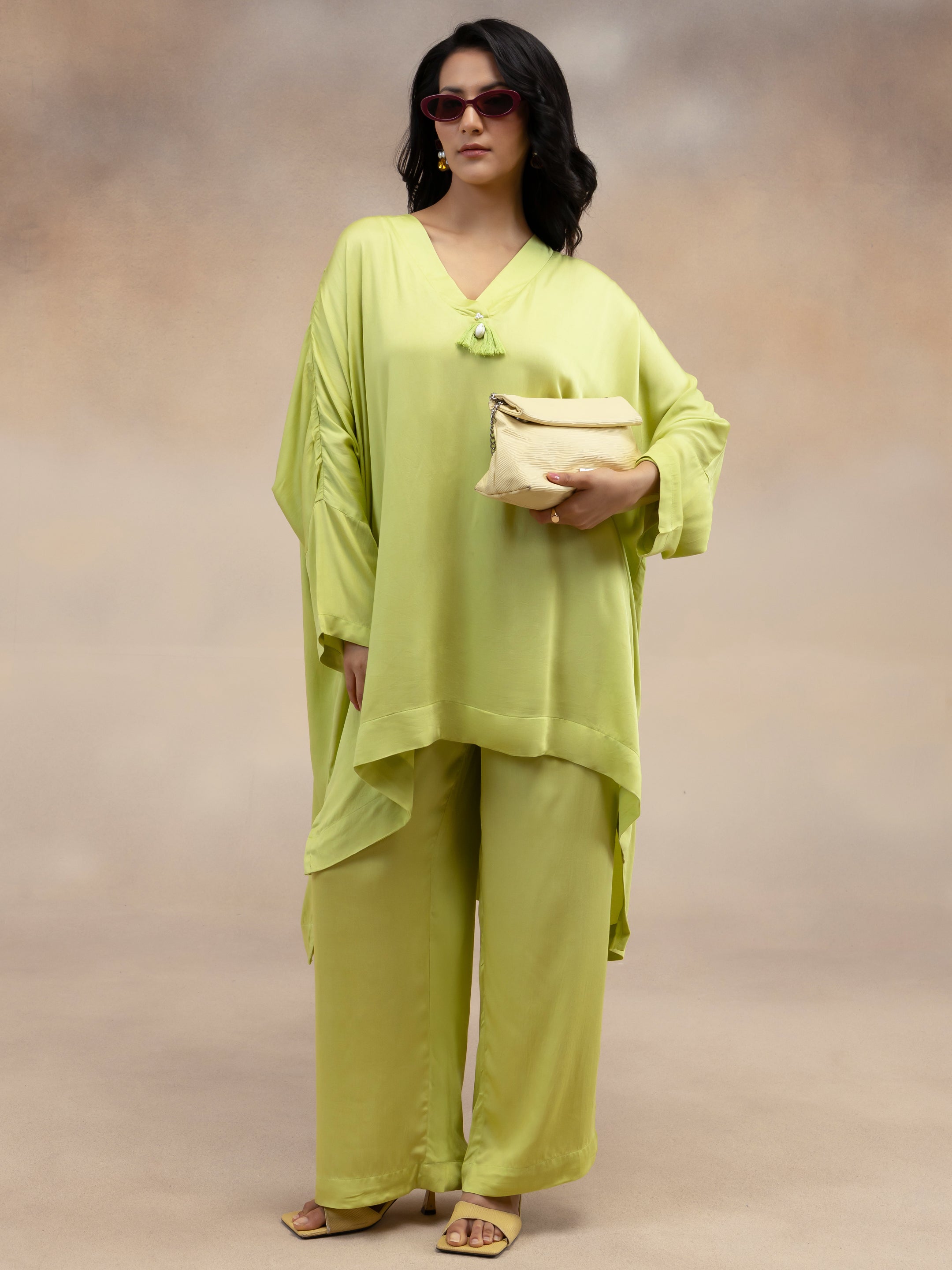 Women Lime Green Kaftan-Style Kurta & Palazzos Co-ord Set