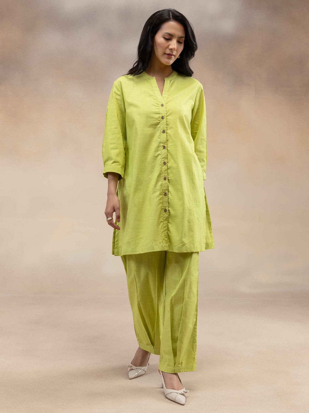 Women Lime Green Solid Cotton Slub Kurta Co-Ord Set
