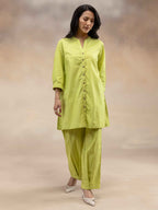 Women Lime Green Solid Cotton Slub Kurta Co-Ord Set