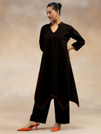 Women Black Contrast-Trim Cotton Slub Kurta