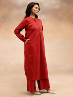 Women Red Cotton Slub Pleated Kurta Set with Wide-Leg Palazzo Pants